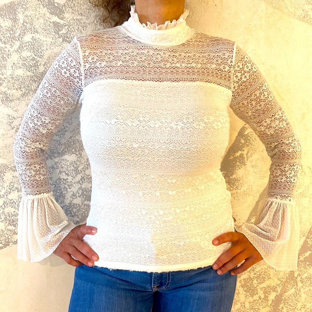 PRICE DROPPED  Lace beige blouse very unique high neckline and long sleeves.